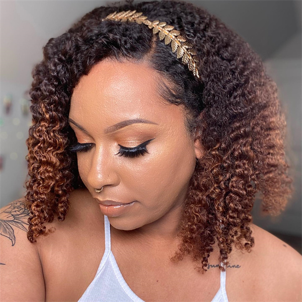 Ombre Brownish-red Colored Kinky Curly Human Hair Lace Front Wig