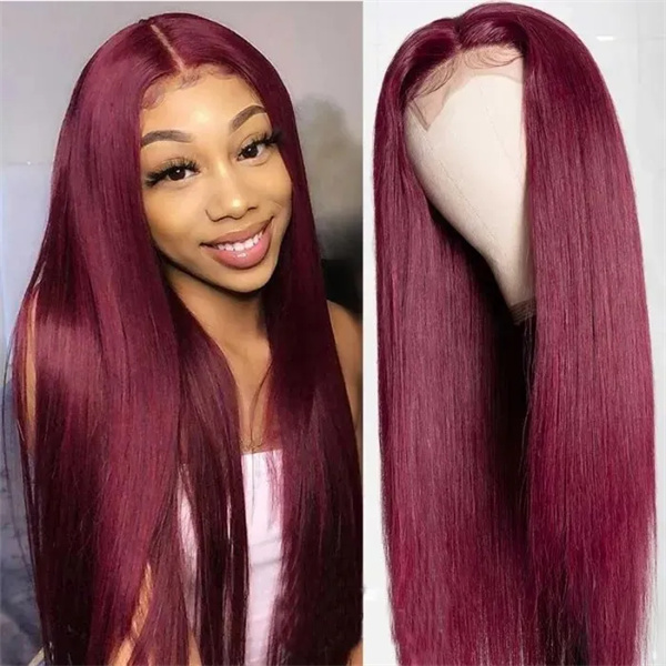 Burgundy 99J Straight Lace Front Wig With Pre-plucked Edges