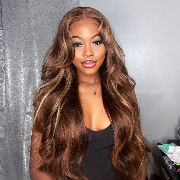 Glueless Highlight Brown Straight Lace Closure Wig With Pre-plucked