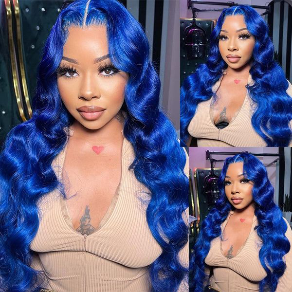 Blue Colored Body Wave Lace Front Wig With Pre-plucked Edges