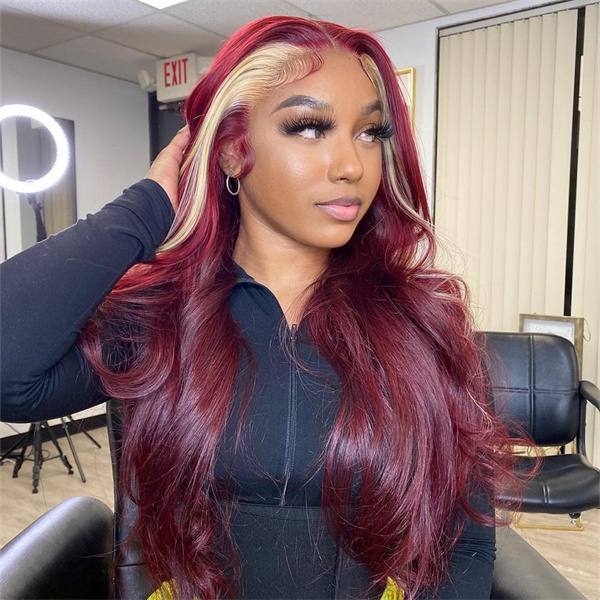 Red Wine #99J With Blonde Colored Skunk Stripe Straight Lace Front Wig