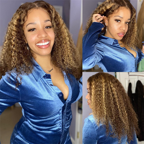14 Inch Kinky Curly Wig Highlight #4/27 Piano Colored Ombre Brown Wig