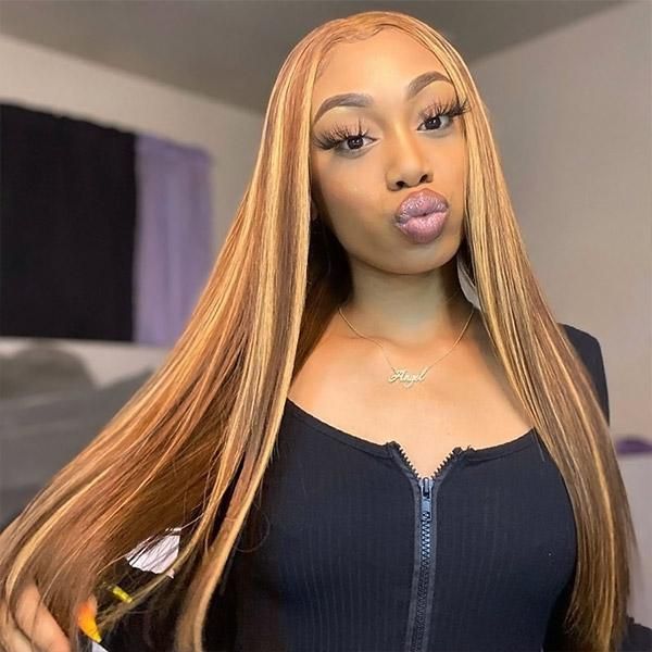 Glueless Highlight Brown Straight Lace Closure Wig With Pre-plucked Ha