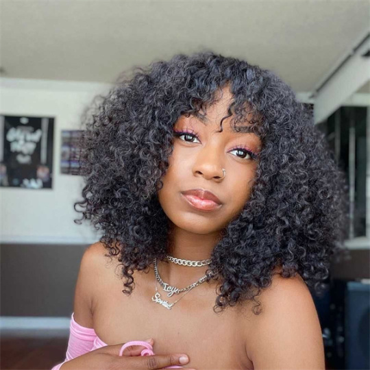 Short Kinky Curly Bob Curly Wig With Wispy Bangs