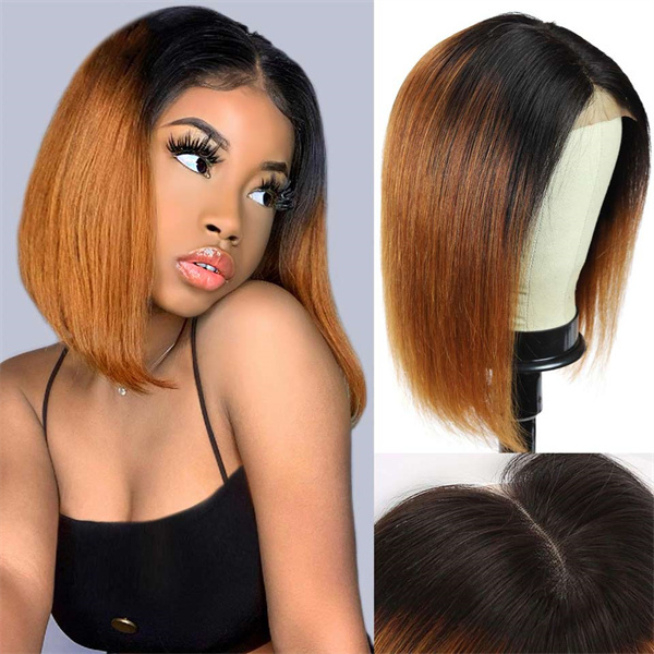 14 Inch Straight Wig Ombre Ginger Orange Lace Frontal Wig