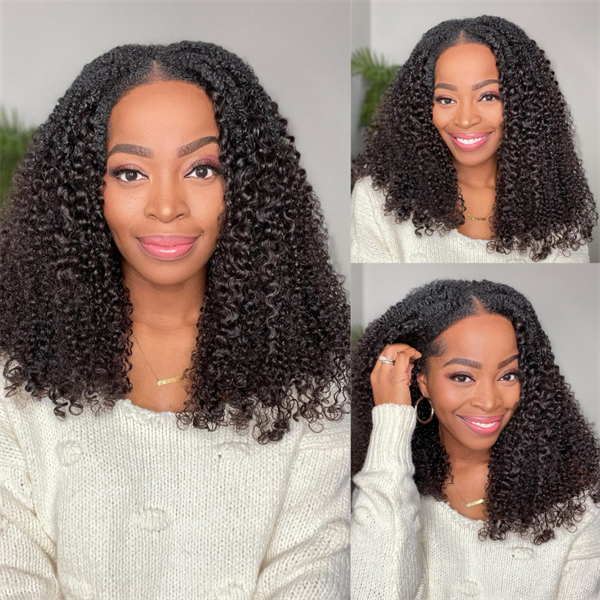 Beginner Friendly V Part Wigs kinky Curly Thin Part Human Hair Wig