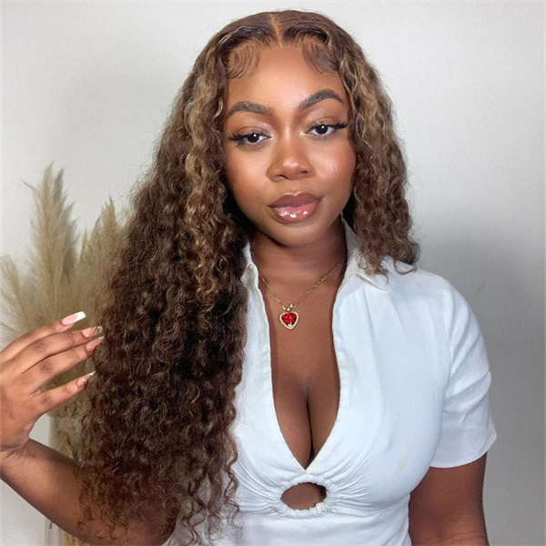 Highlight Water Wave Wig #4/27 Piano Colored Ombre Honey Blonde Lace Front Wig