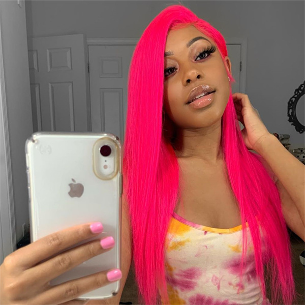 Neon Pink Colored Straight Lace Front Wig With Pre-plucked Edges