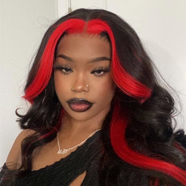 Red With Black Colored Skunk Stripe Straight Lace Front Wig
