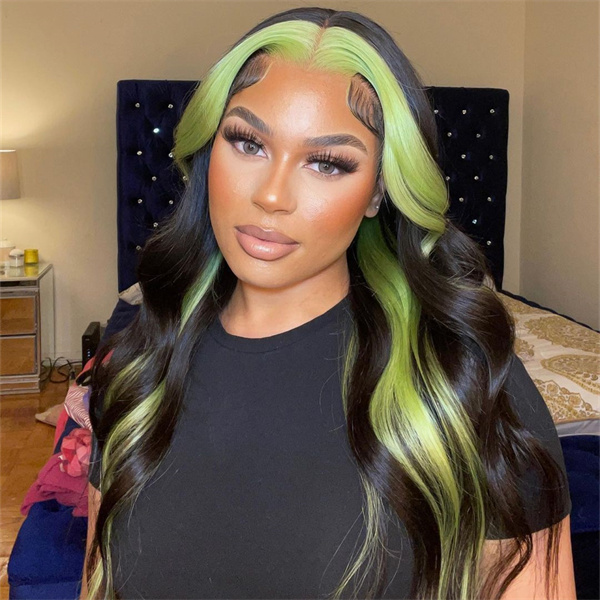 Green With Black Colored Skunk Stripe Straight Lace Front Wig