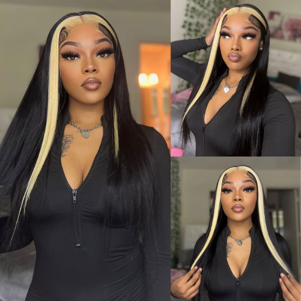 Black With Blonde Skunk Stripe Hairstyle Straight Lace Front Wig