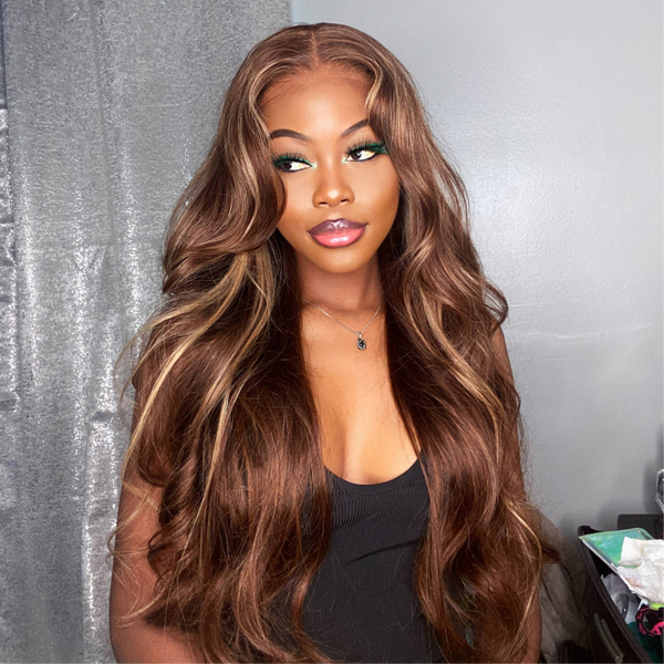 Glueless Highlight Brown Straight Lace Closure Wig With Pre-plucked