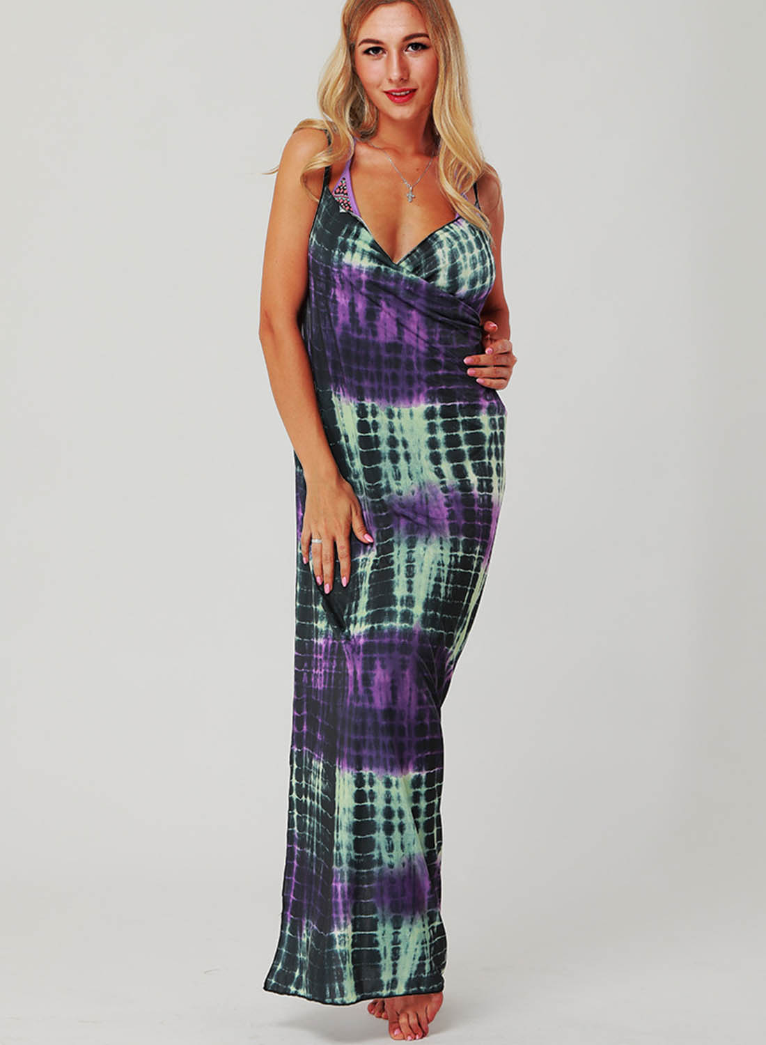 Women's Maxi Dress Color Block Shift Sleeveless Spaghetti Wrap Summer Casual Beach Maxi Dress