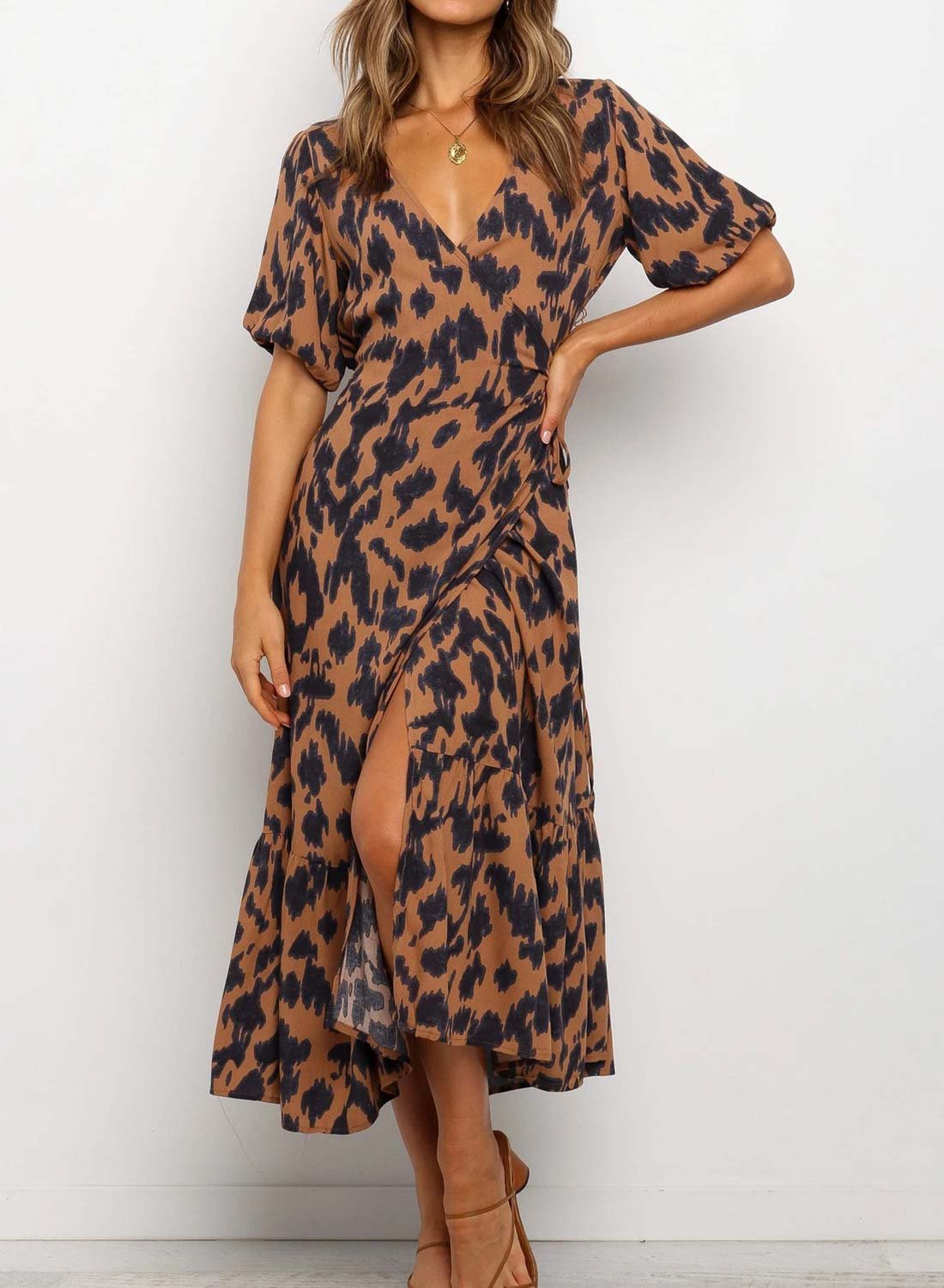 Women's Dresses Leopard Lantern Sleeve Maxi Dress