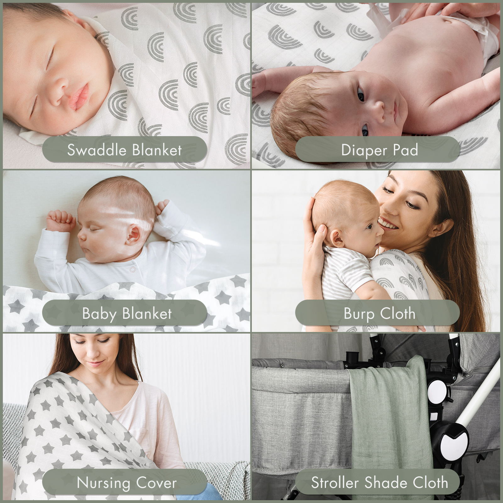 Muslin Swaddle Blankets 6-Pack, 28 X 28" - Grey Star