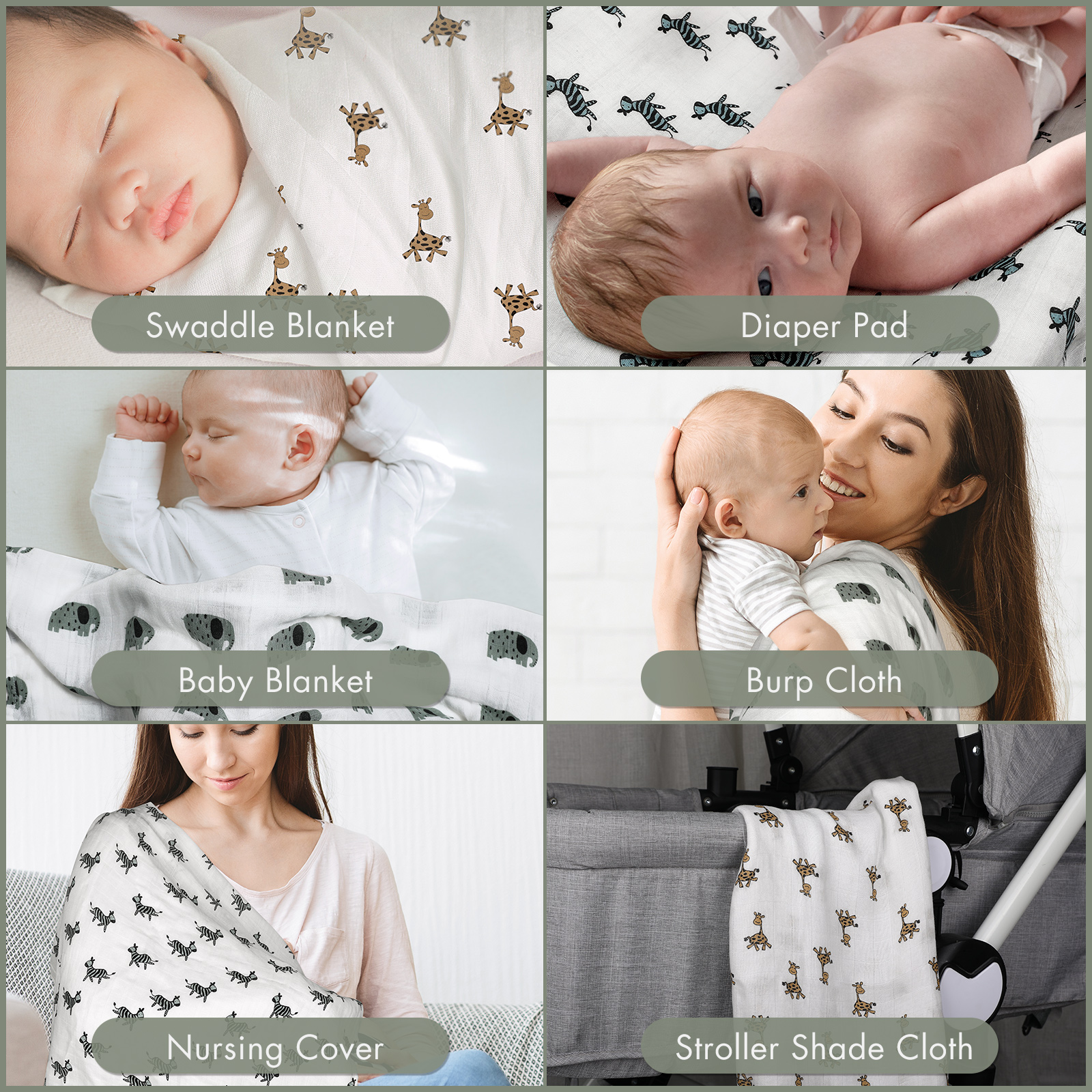 Muslin Swaddle Blankets 6-Pack, 28 X 28" - Elephant