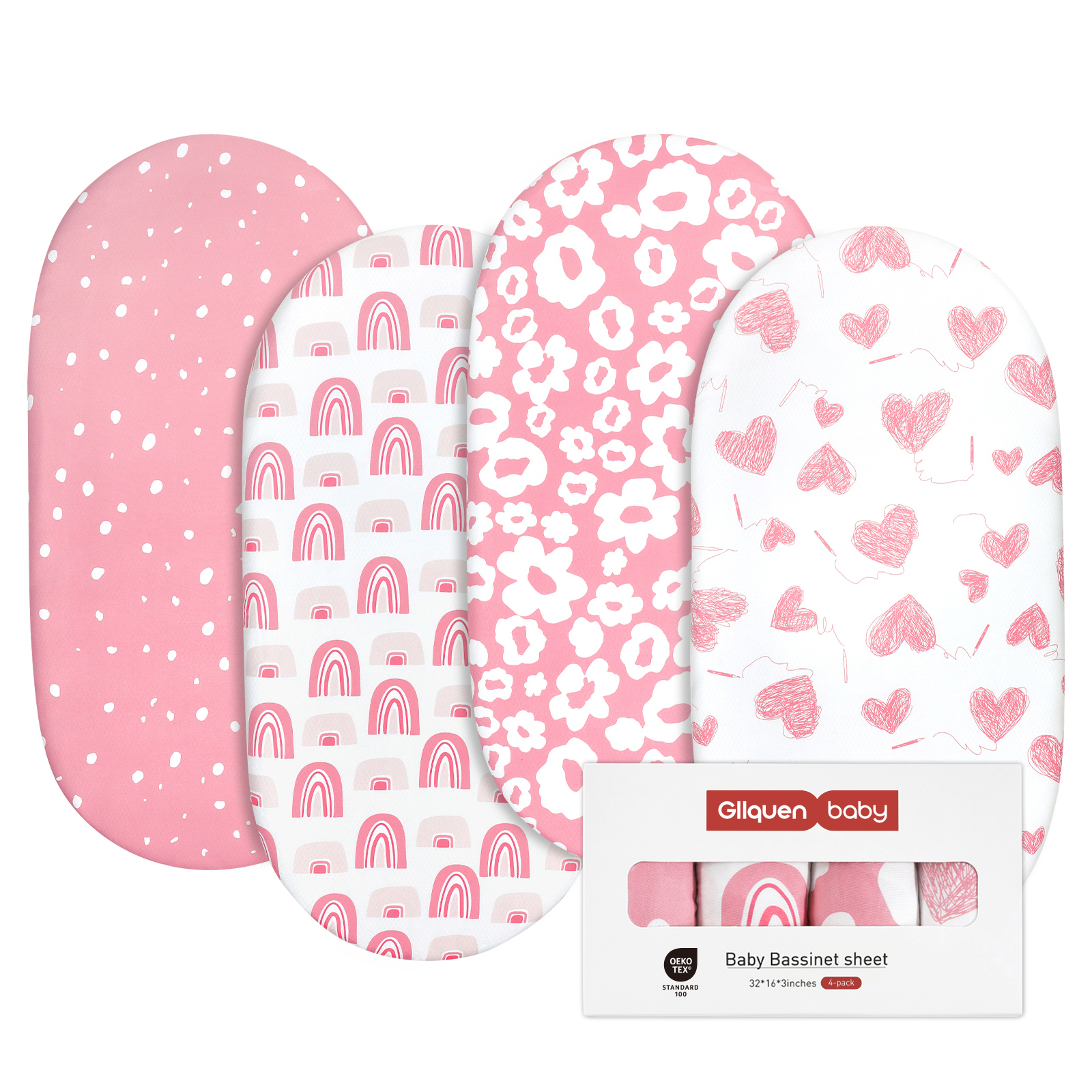 Pink Heart | Soft Microfiber Fitted Change Pad Cover & Bassinet Sheets 4 Pack | 16''*32''
