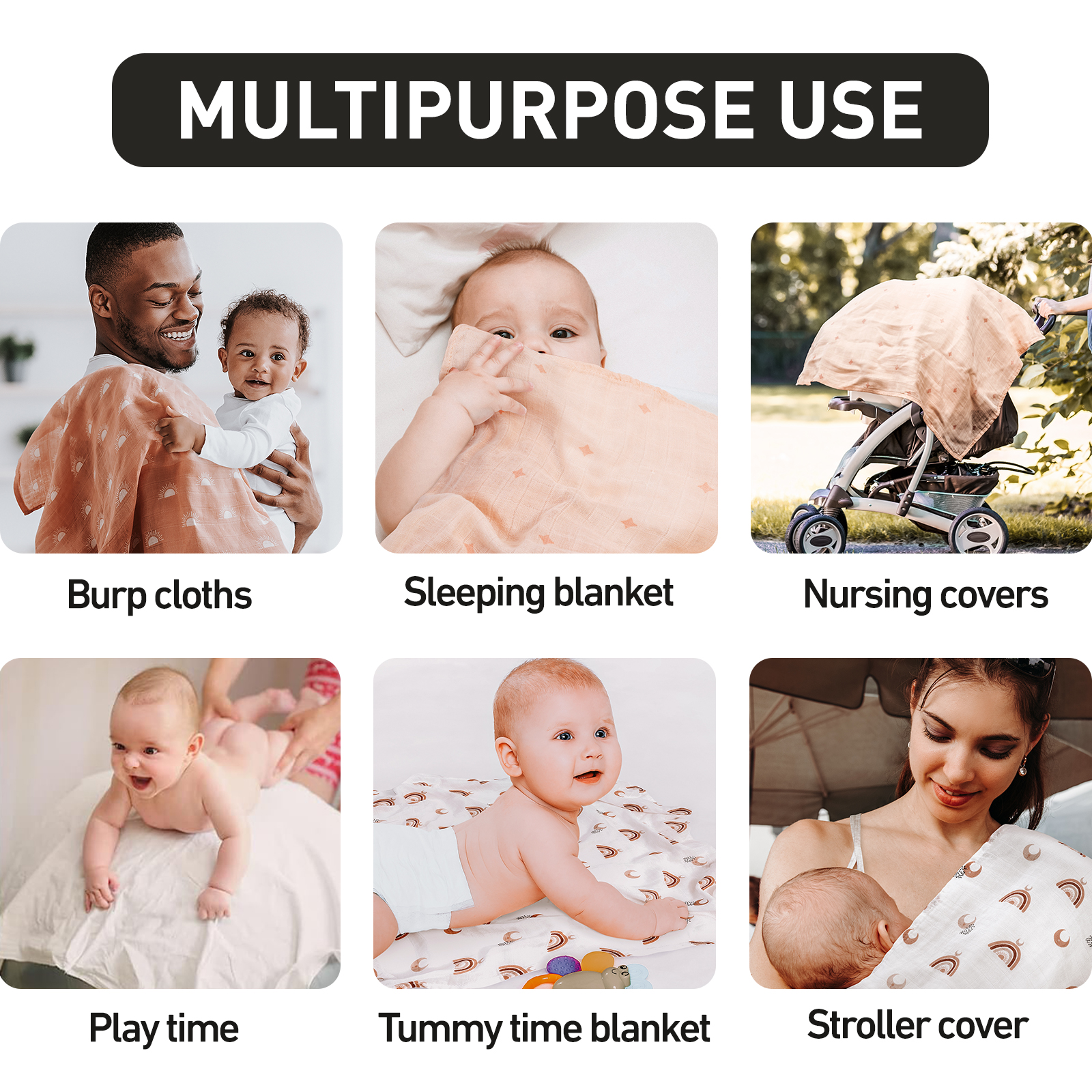 Muslin Swaddle Blankets 6-Pack, 28 X 28" - Moon & Stars