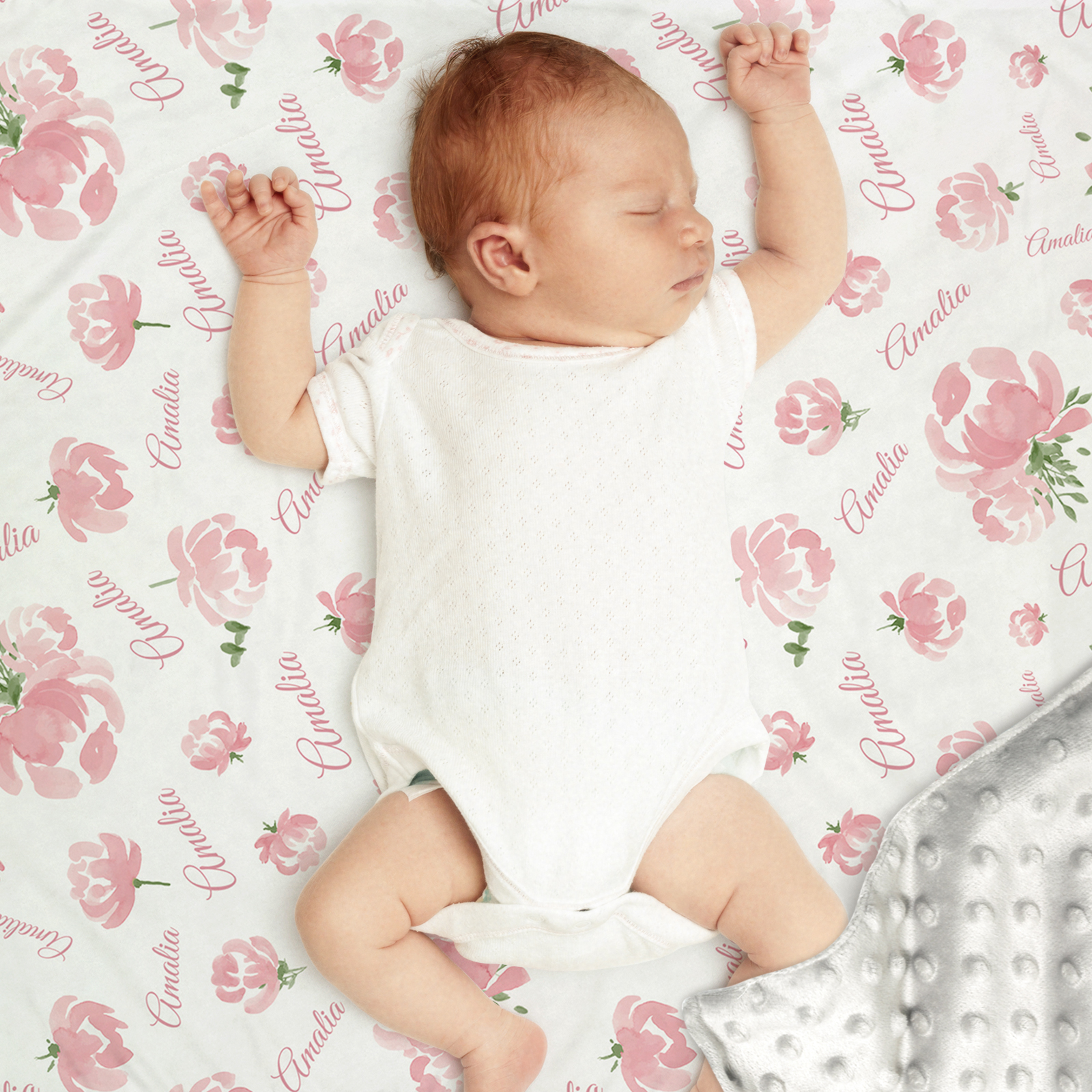 Personalized Baby Girl Name Blanket, Floral Print Coral