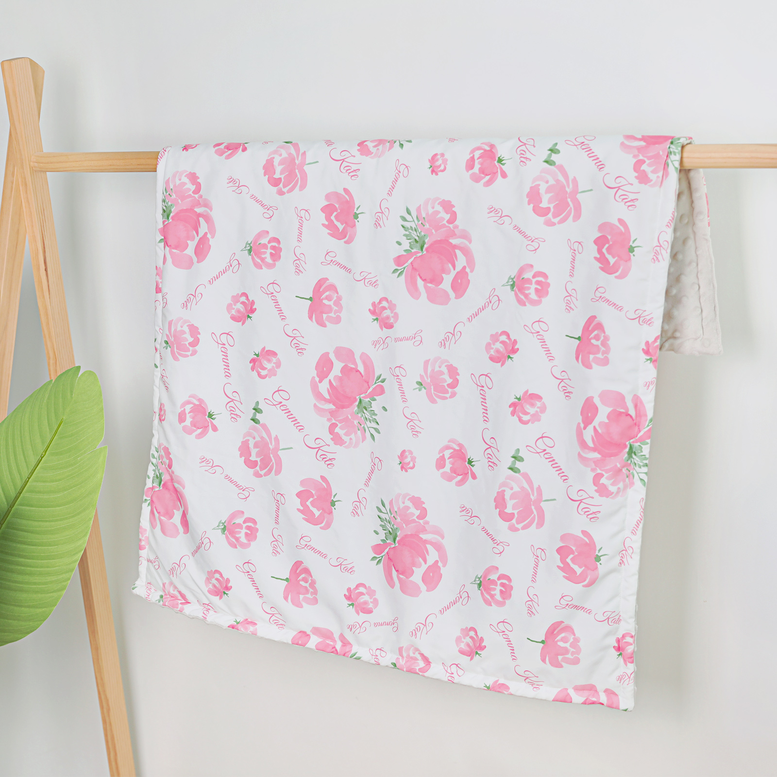 Personalized Baby Girl Name Blanket, Floral Print Coral