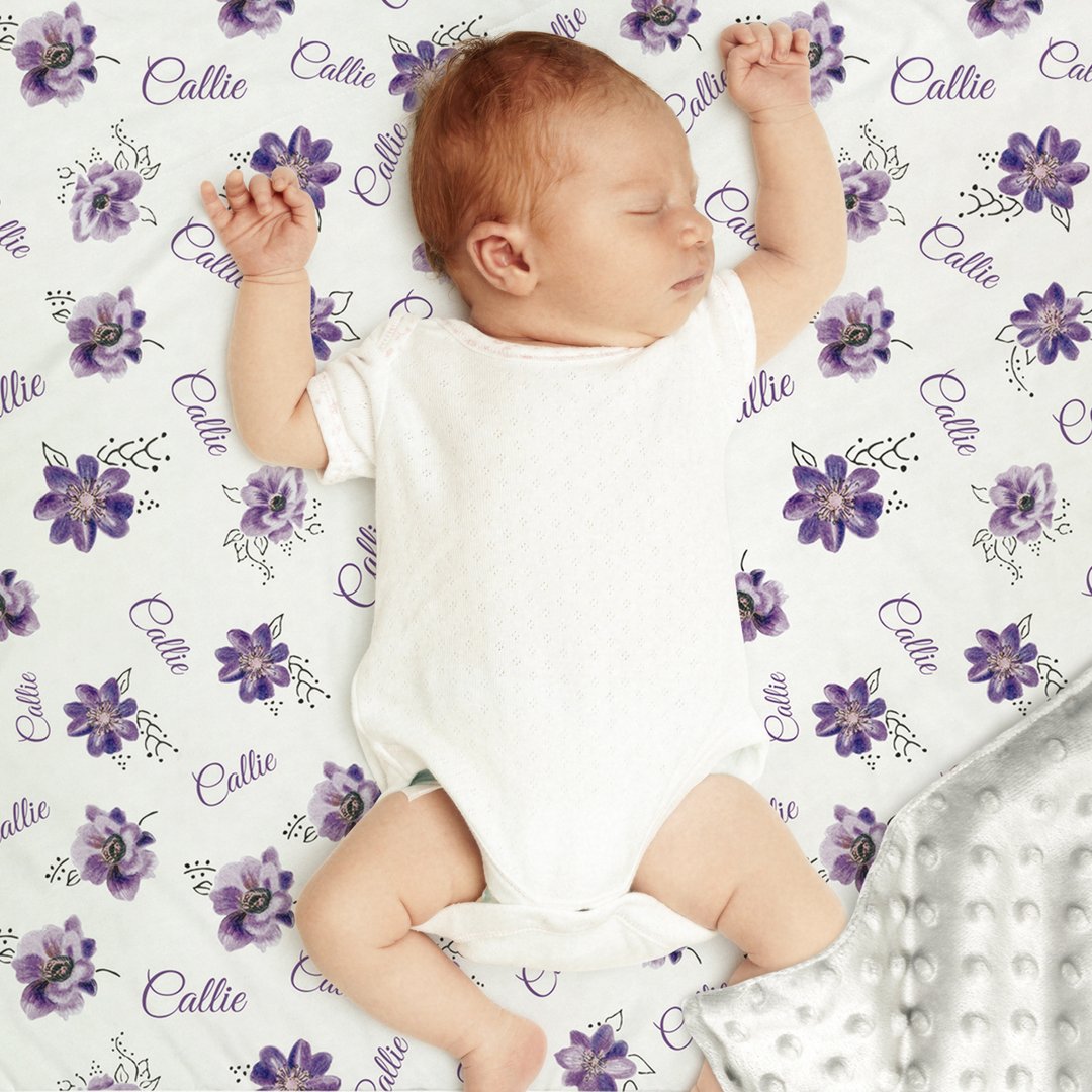 Personalized Purple Flowers Baby Girl Name Blanket