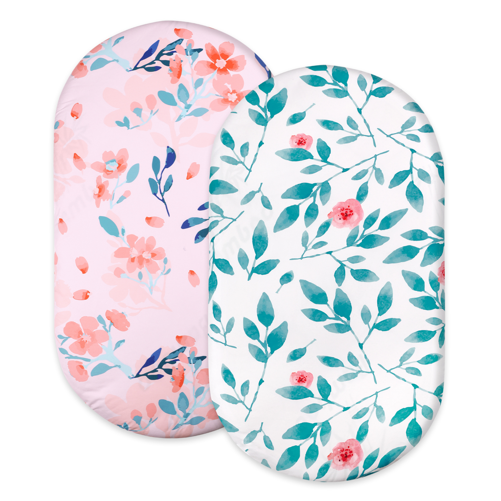 Pink flowers & Green leaves | Soft Microfiber Fitted Change Pad Cover & Bassinet Sheets | 16''*32''