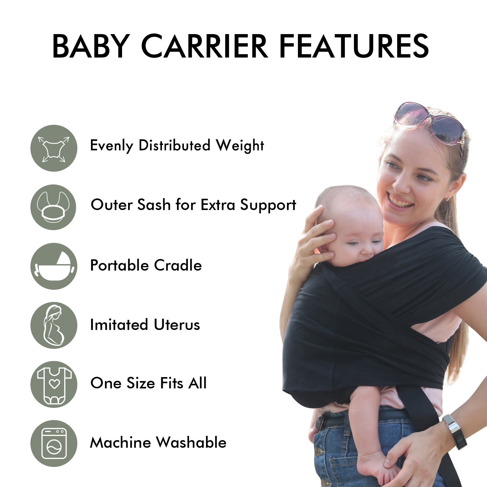 Black | 0-36 Months Baby Adjustable Carrier Wrap up to 35lbs