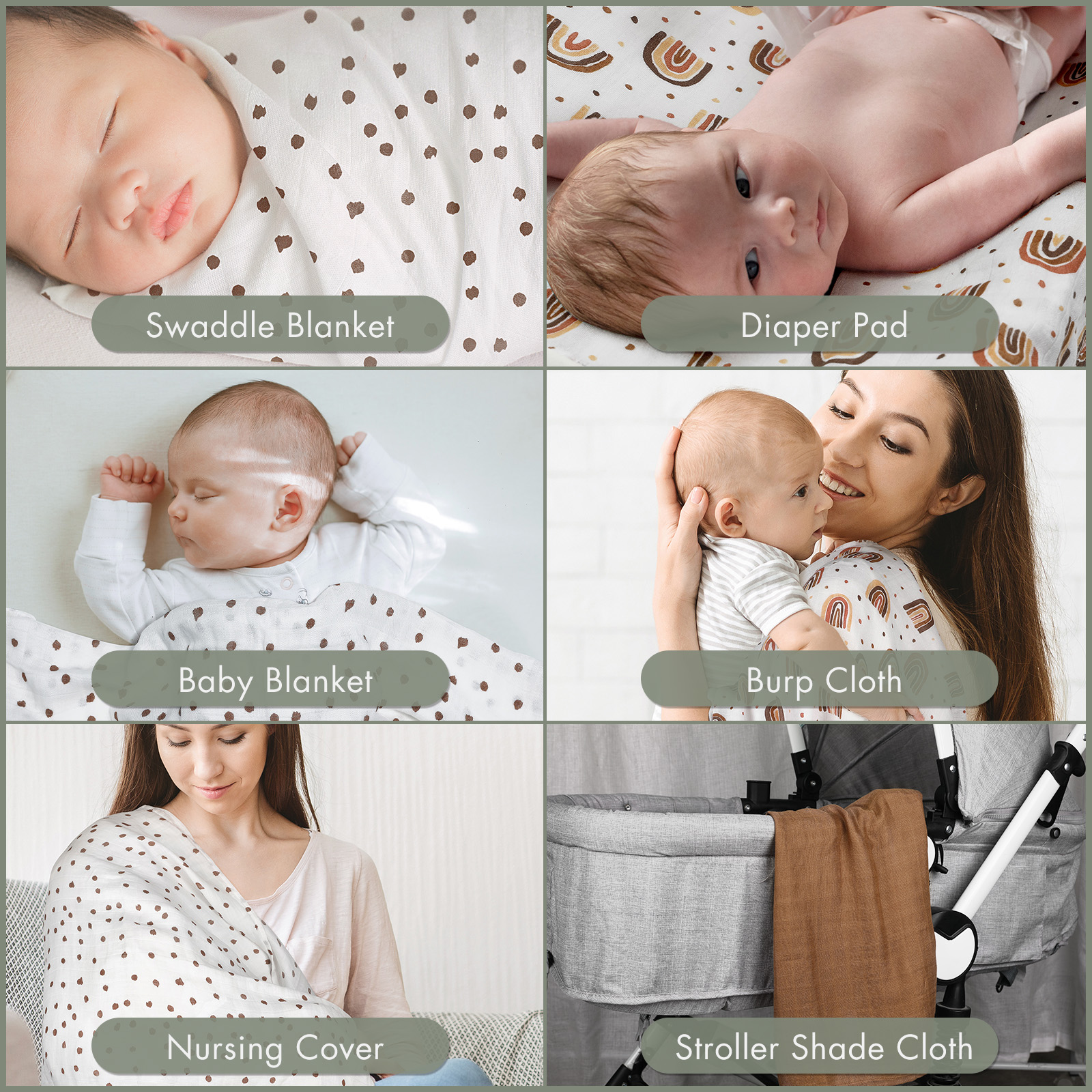 Muslin Swaddle Blankets 6-Pack, 28 X 28" - Rainbows