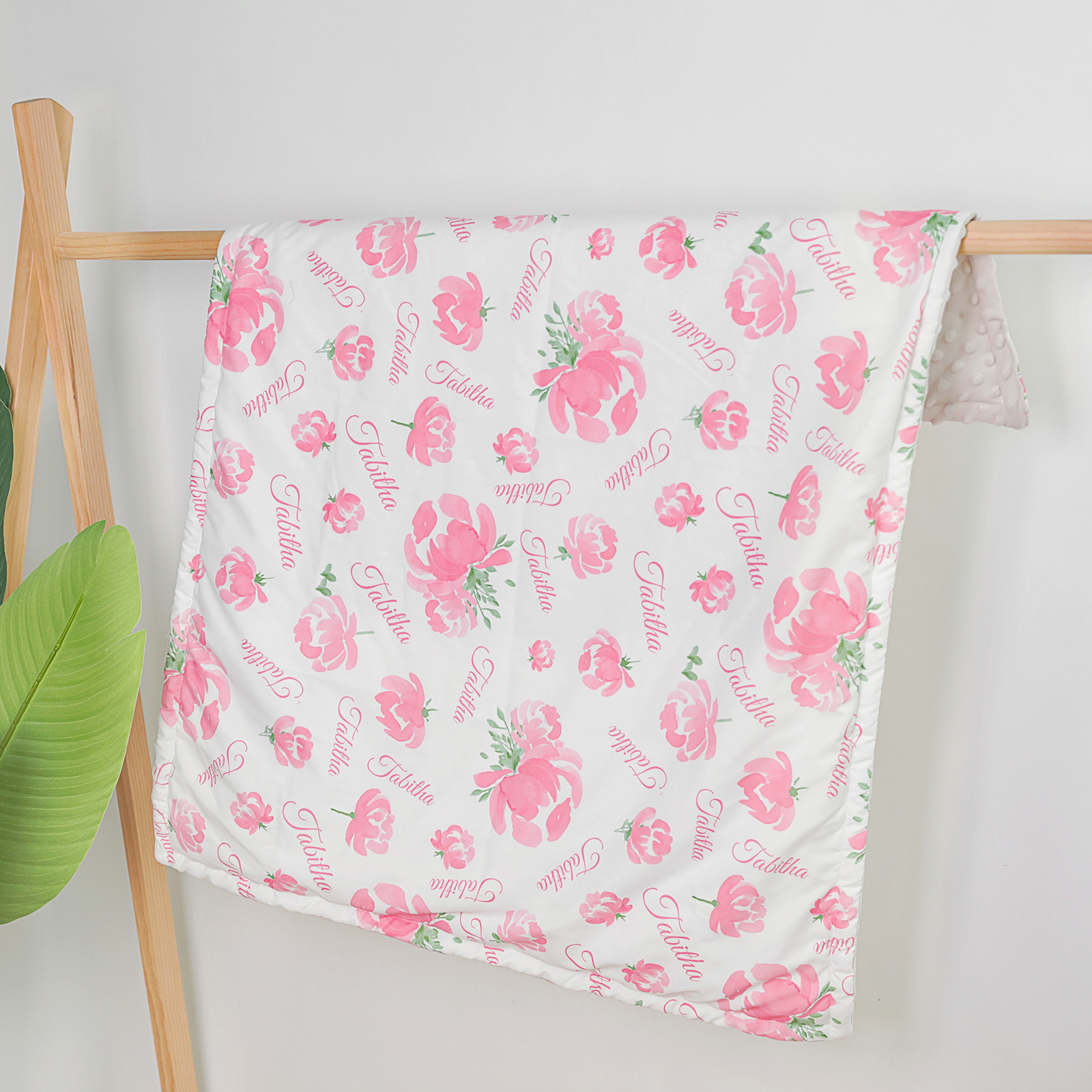 Personalized Baby Girl Name Blanket, Floral Print Coral