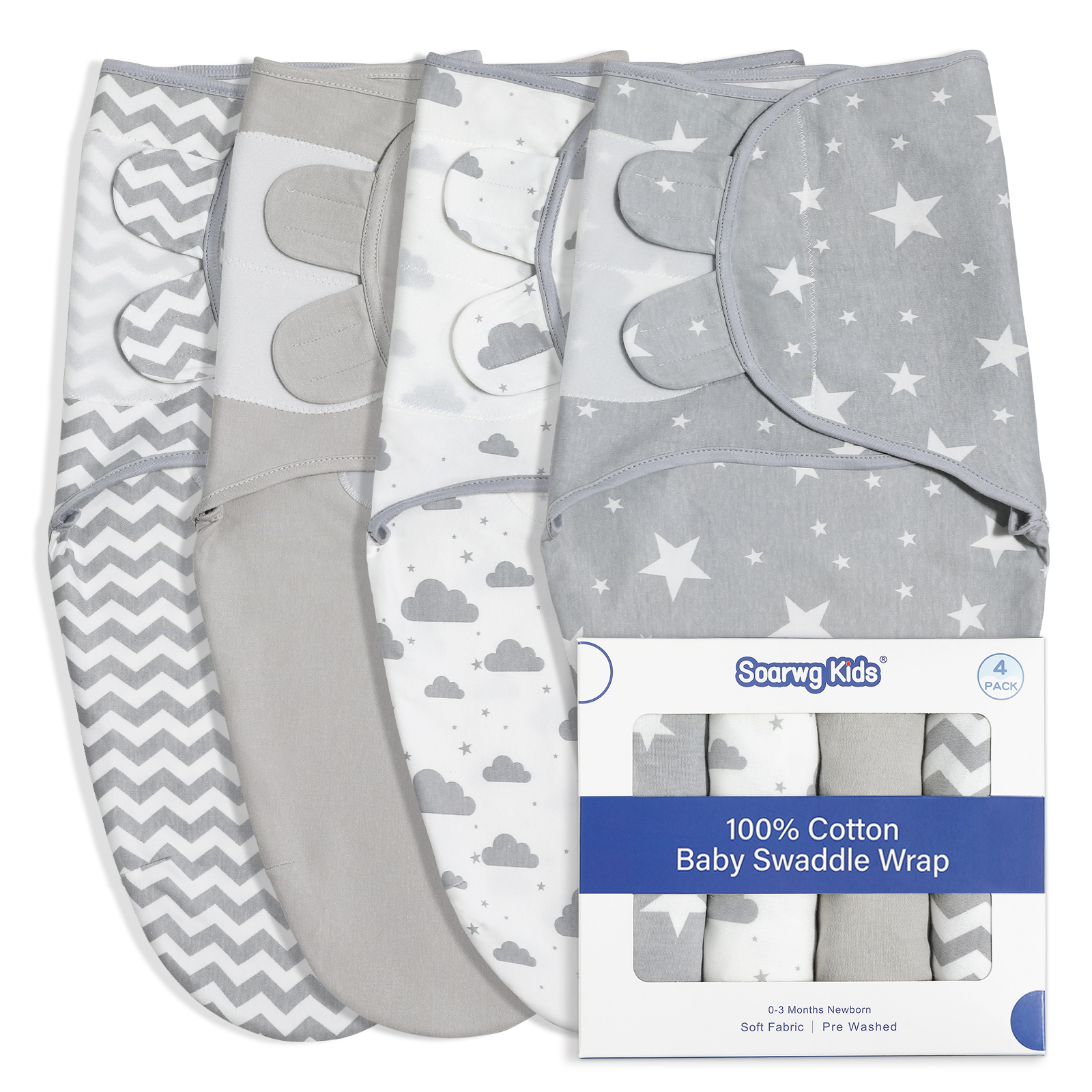 Gray | Soarwg Baby Swaddle 0-3 Months 4 Pack