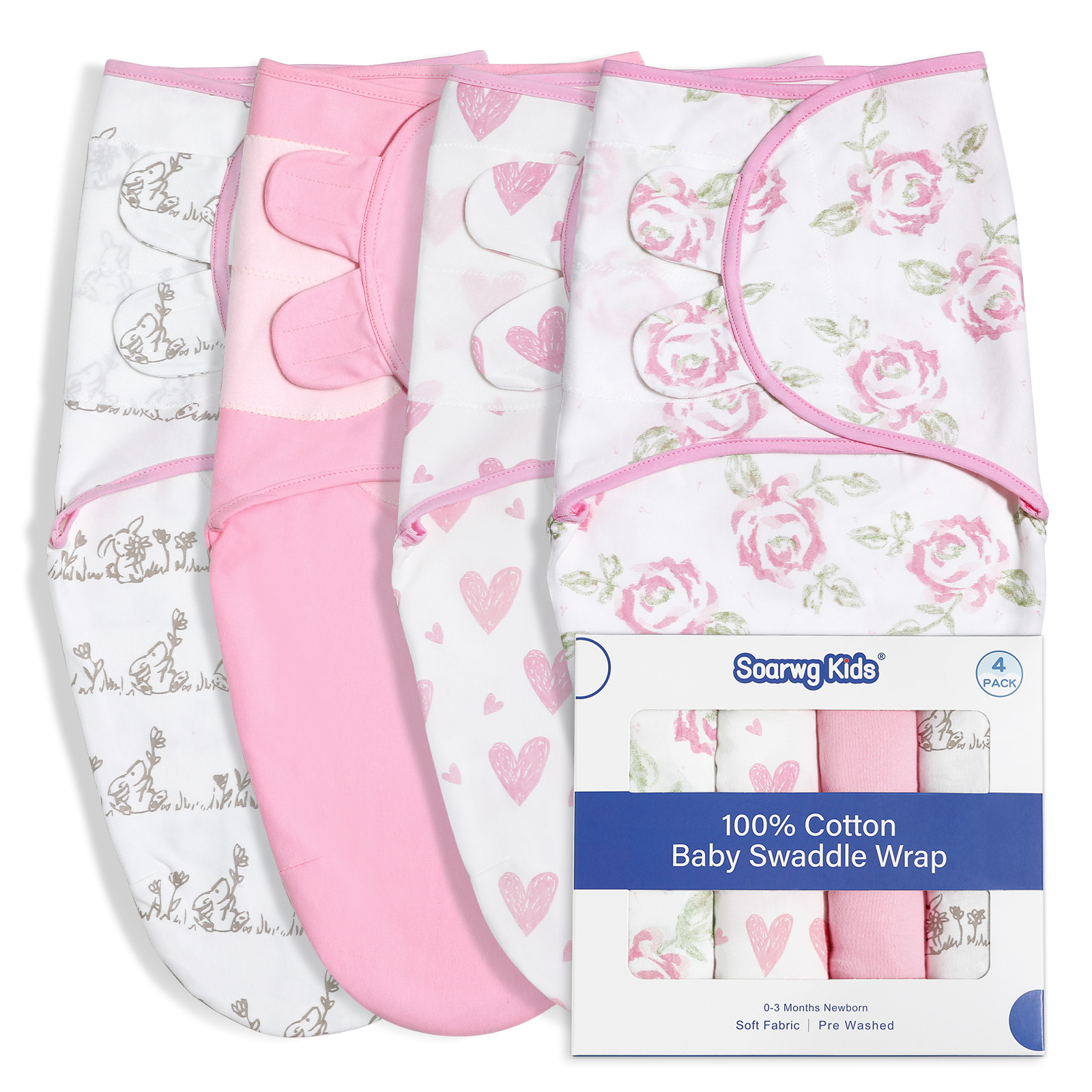 Pink Floral | Soarwg Baby Swaddle 0-3 Months 4 Pack