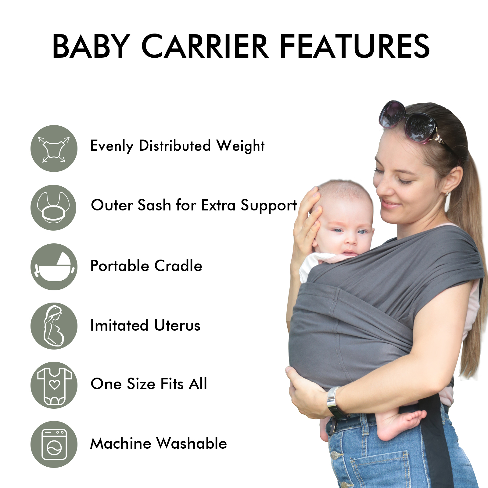 Gray | 0-36 Months Baby Adjustable Carrier Wrap up to 35lbs