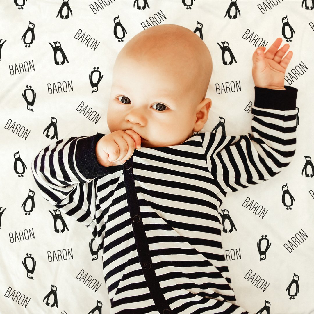 Penguin Kingdom Personalized Baby Boy Name Blanket