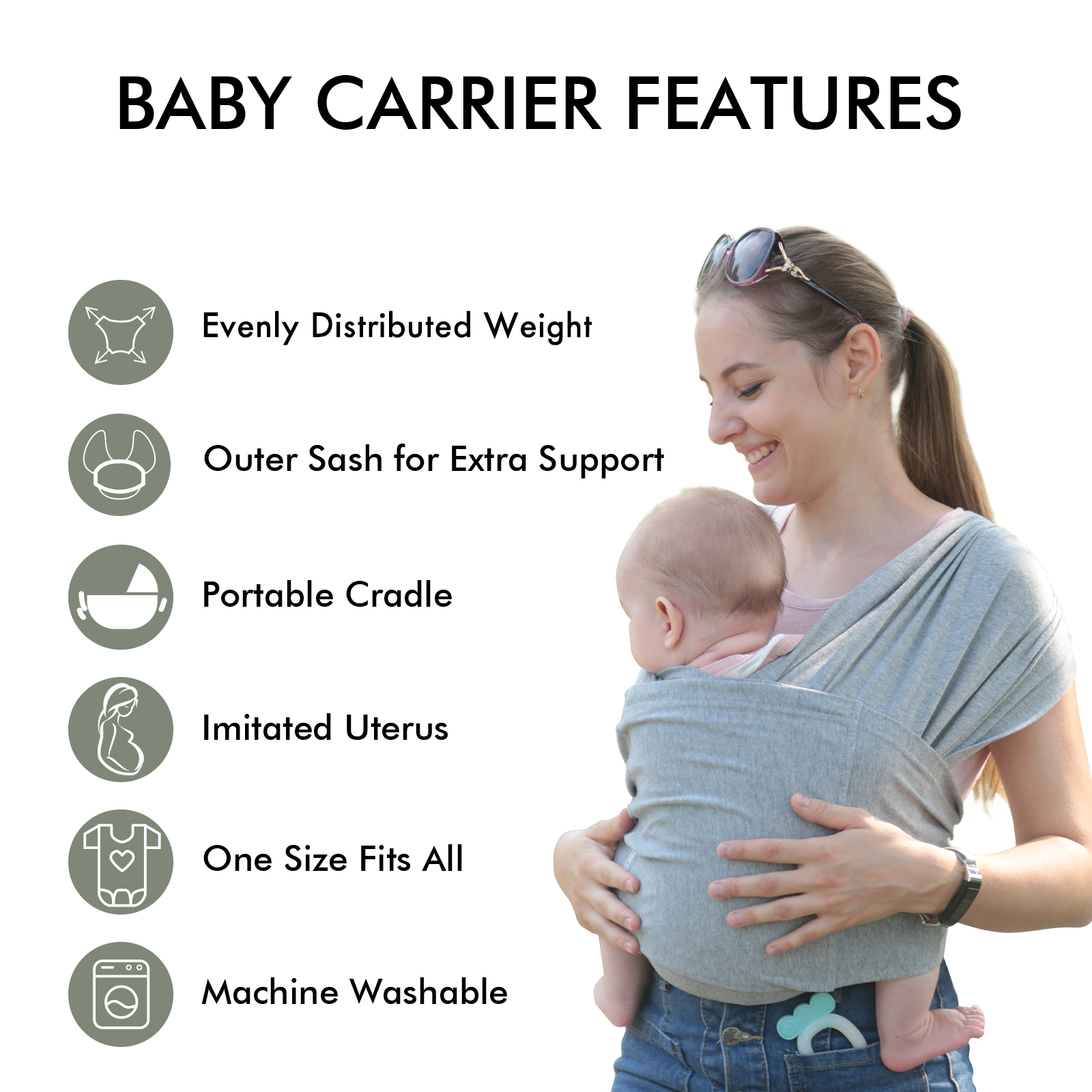 Light Gray | 0-36 Months Baby Adjustable Carrier Wrap up to 35lbs