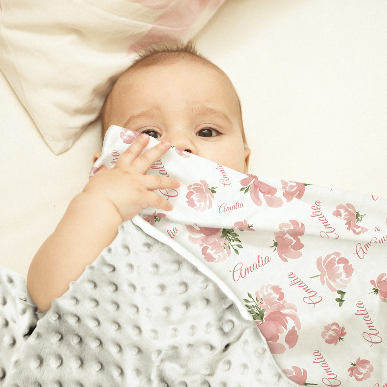 Personalized Baby Girl Name Blanket, Floral Print Coral