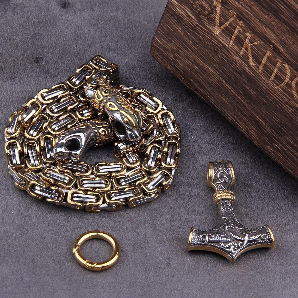 Viking Wolf Head Nordic Amulet Thor's Hammer Pendant Necklace-xinru