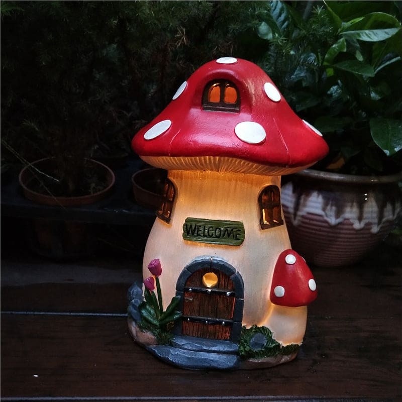 Solar Light Mushroom House Resin Micro Landscape Bonsai Garden Ornament-xinru