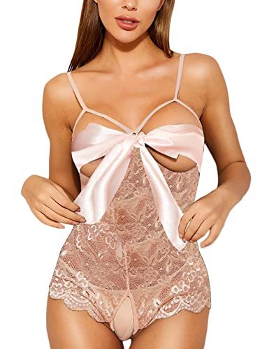 Romwe Women's Self Knot Front Teddy Lingerie One Piece Floral Lace Bodysuit Babydoll-xinru