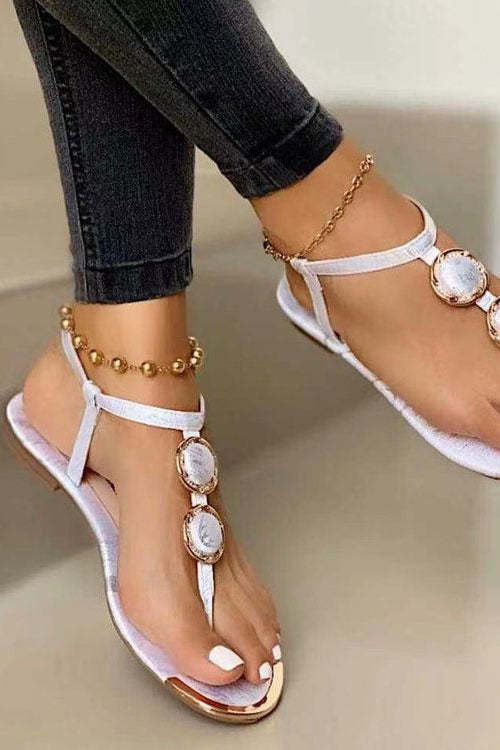 Women Solid Beaded Tie Toe Flat Sandals-xinru
