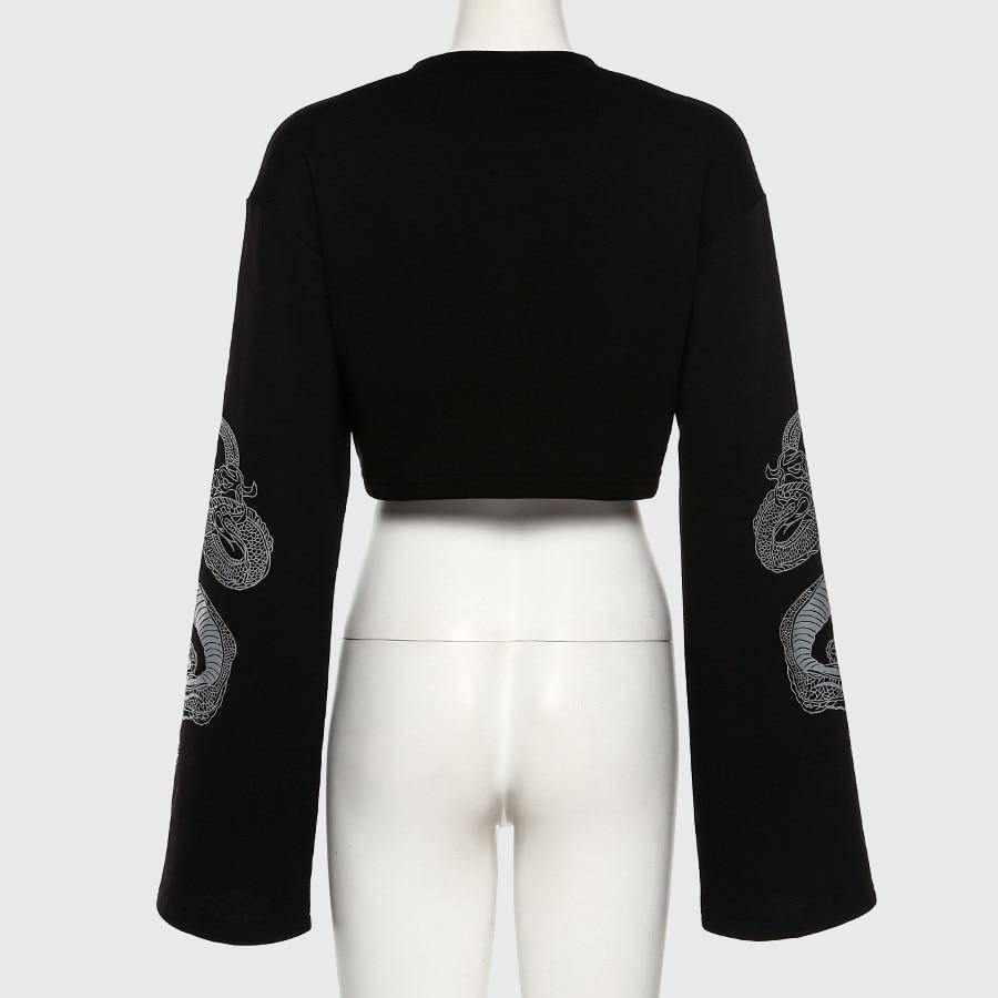 Women Midriff-baring Sweatershirt Dragon Print Sleeve Crop Tops With Chains-xinru