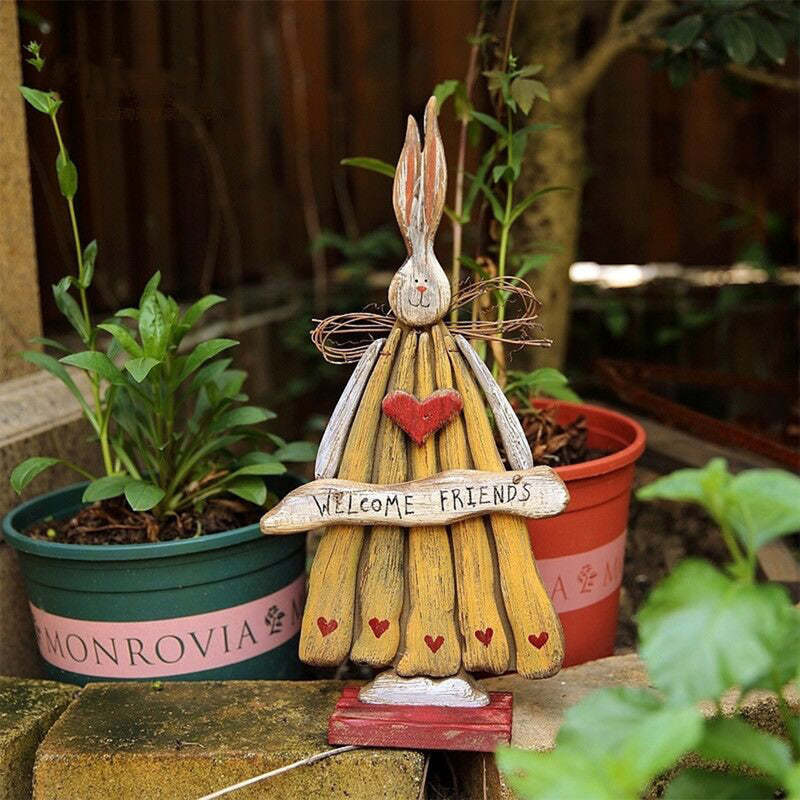 Retro Style Rabbit Shape Wooden Garden Statue Ornaments-xinru