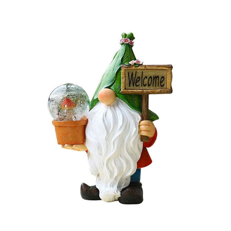 Garden Gnomes Statue With Solar Lights Figurines Holding Welcome Sign-xinru
