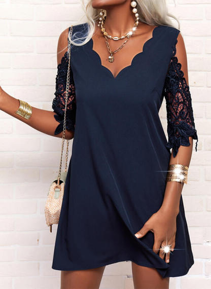 Women's Solid Lace 1/2 Sleeves Shift Above Knee Little Black Elegant Tunic Dresses-xinru