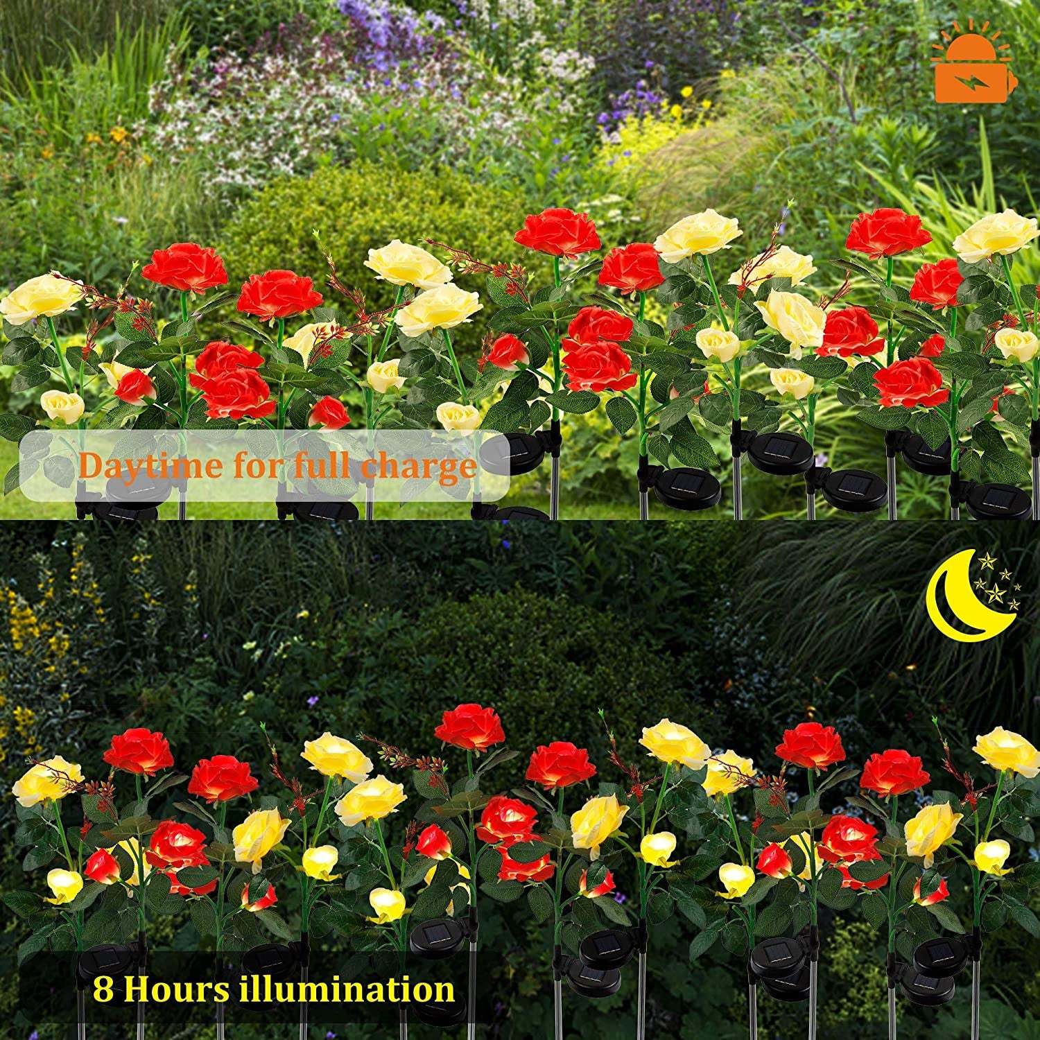 2 Packs Solar Rose Flower Stake Lights With 6 Rose Flowers-xinru