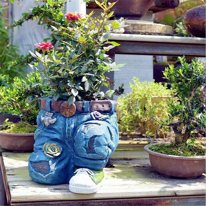 Denim Clothes Pants Resin Flower Pot Statue Retro Garden Ornament-xinru