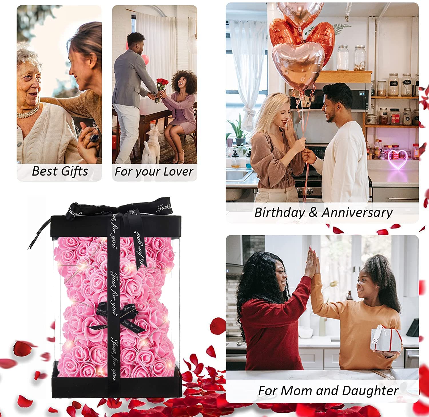 Mother's Day Gift Rose Bear With Light String Necklace Balloon Card Box-xinru