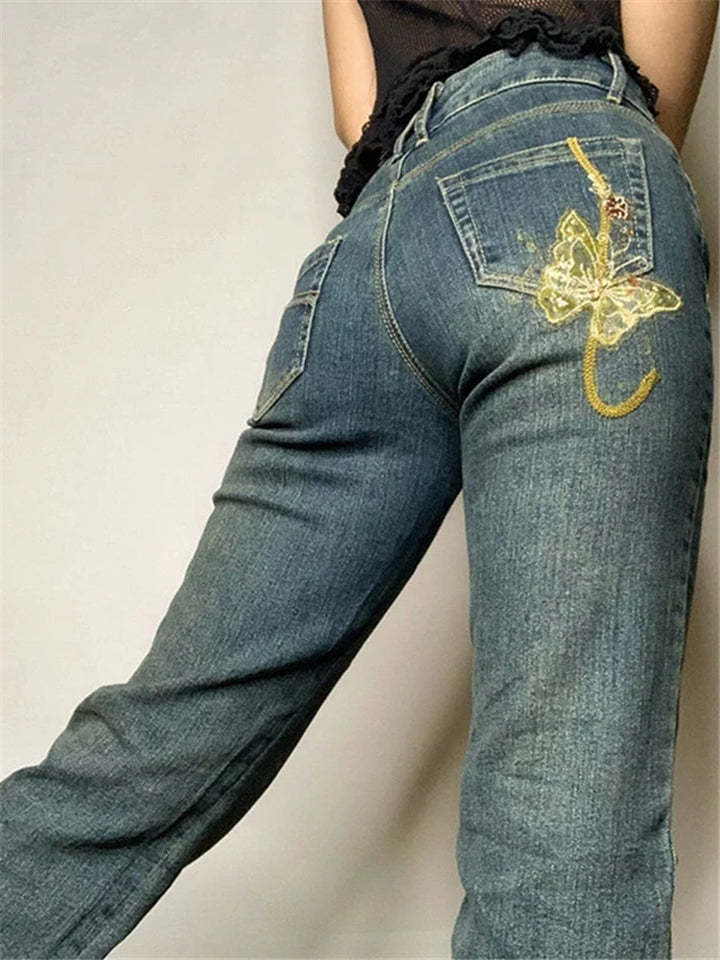 Women Low Waisted Retro Butterfly Print Denim Jeans-xinru