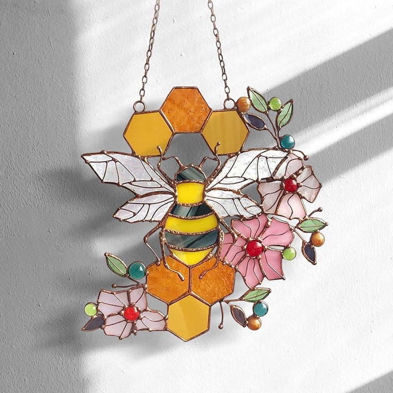 Honeycomb Stained Glass Window Bee Hanging Ornament Garden Decor-xinru