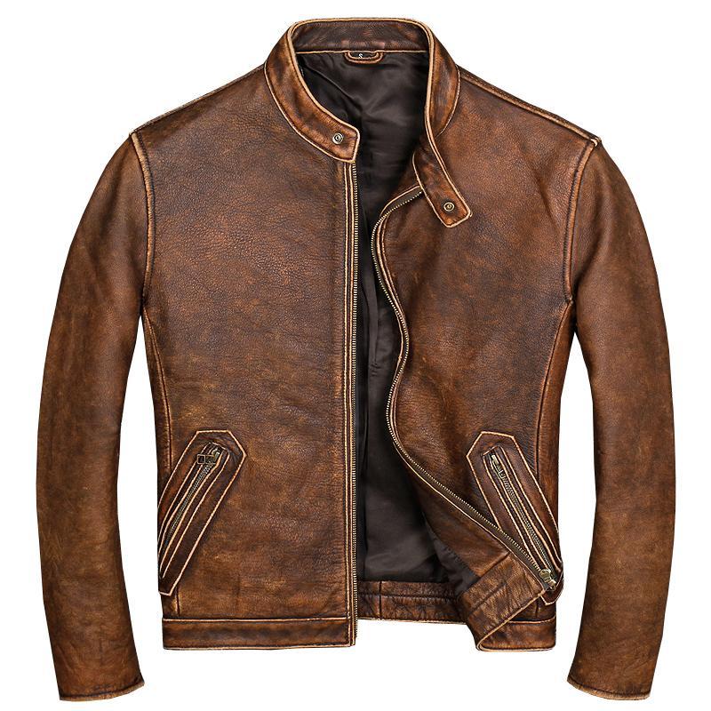 Stand-up Collar Slim-fit Leather Biker Jacket-xinru shop