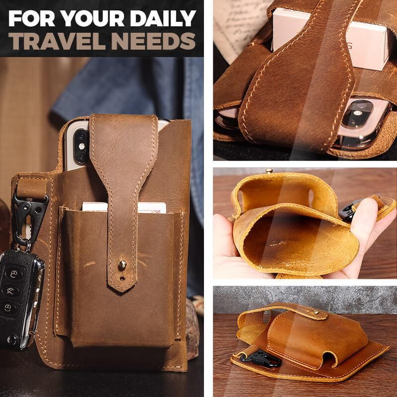 Vintage Outdoor Activity Genuine Leather Waist Phone Bag With Keychain-xinru